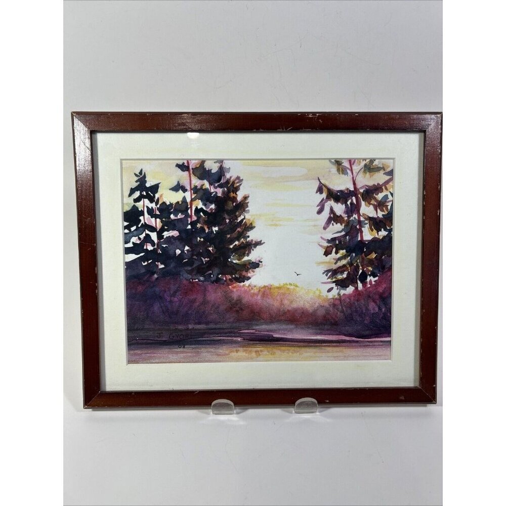 Original Water Color Painting Shore Line Trees Magenta Bird Signed 8”x6”